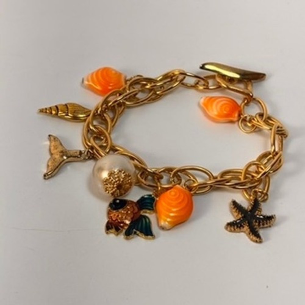 Gold Tone Nautical Charm Bracelet Orange Shell Starfish Fish Mermaidcore